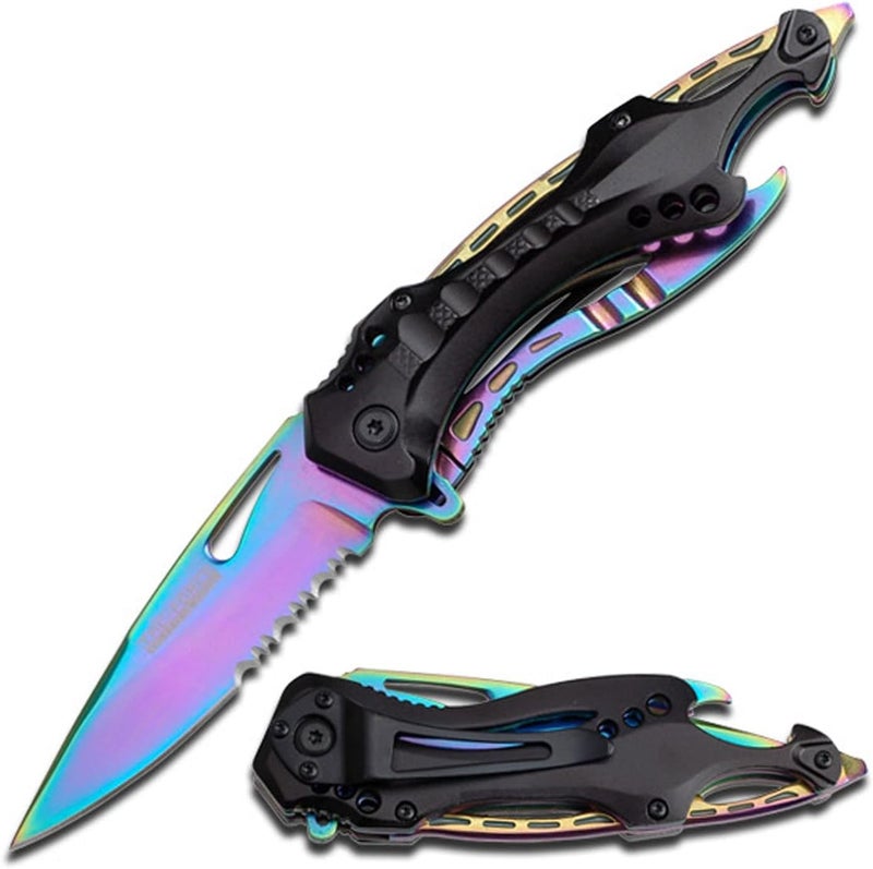 Tac-Force Folding Pocket Knife, 3.25-inch Serrated Rainbow Blade, Black Aluminum Handle, 7.75-inch Overall Length TF-705RB - Image 1